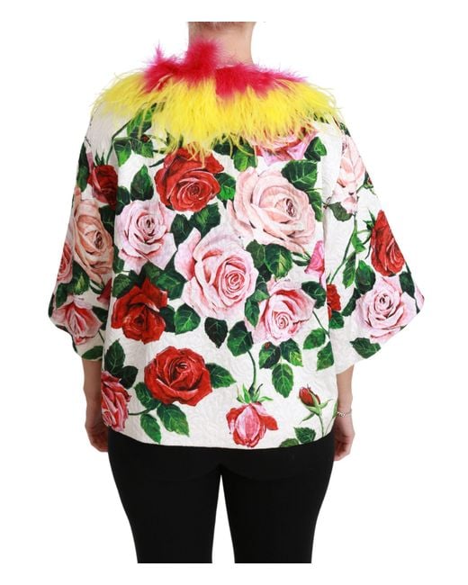 Dolce & Gabbana White Floral Coat Capte Fur Roses Jacket