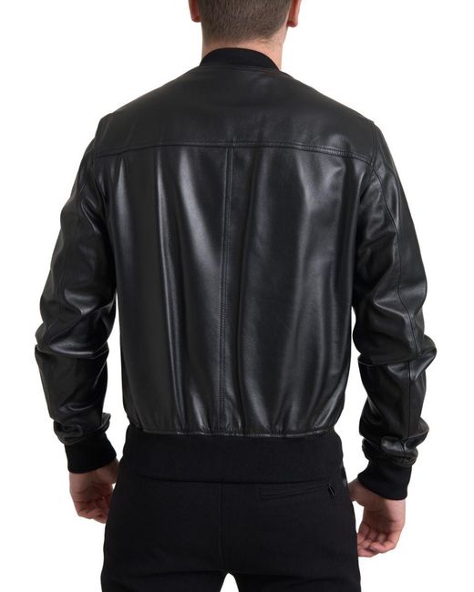 Dolce & Gabbana Black Leather Full Zip Bomberjacket for men