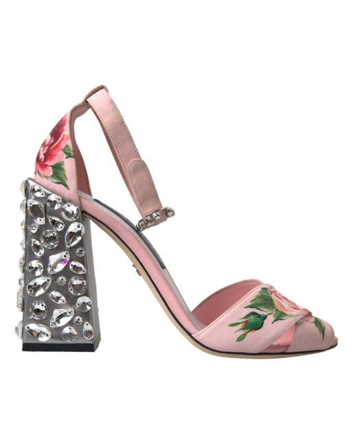 Dolce & Gabbana Pink Sandals Floral Bejeweled Block Heel Shoes | Lyst