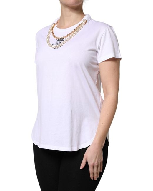 Dolce & Gabbana White Chain Pearl Cotton Round Neck T-Shirt