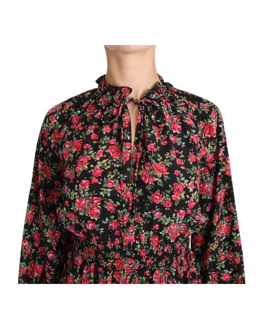 Dolce & Gabbana Black Pussy-bow Ruffled Floral-print Silk-chiffon Blouse