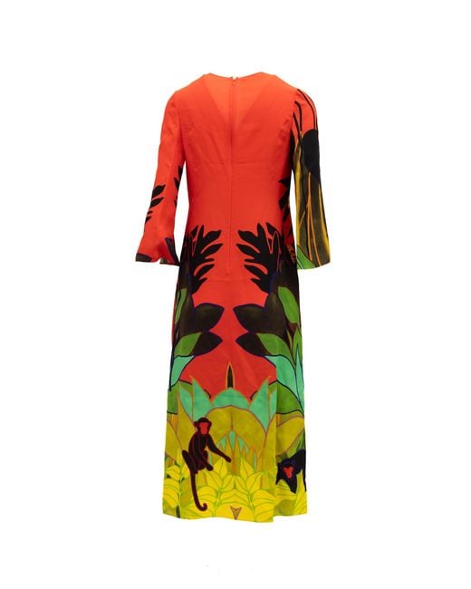 Valentino Garavani Red Tropical Print Long Sleeve Midi Dress