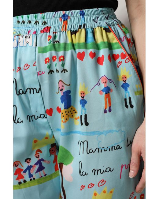 Dolce & Gabbana Blue Drawing Mid Waist Wide Leg Pants