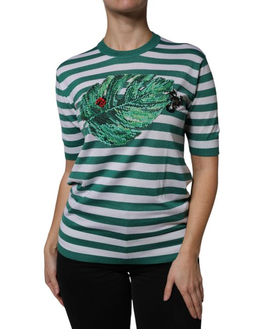 Dolce & Gabbana Green Stripe Leaf Crew Neck T-Shirt