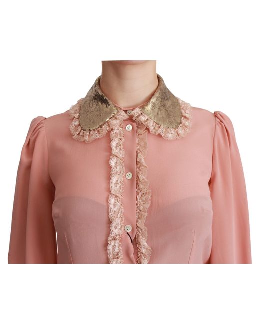 Dolce & Gabbana Pink Silk Sequin Lace Blouse Shirt