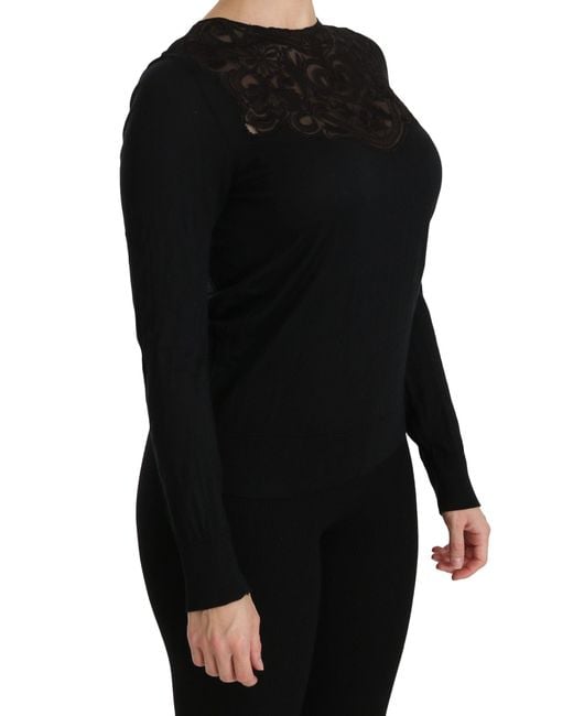 Dolce & Gabbana Black Silk Lace Crew Neck Long Sleeve Blouse