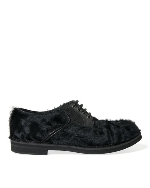 Dolce & Gabbana Black Fur Leather Lace Up Derby Dress Shoes for men