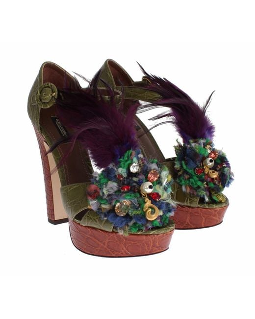 Dolce & Gabbana Green Leather Crystal Platform Sandal Shoes