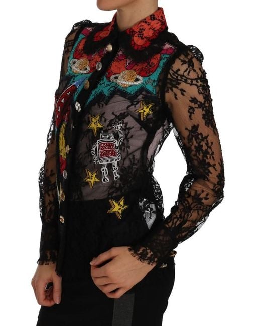 Dolce & Gabbana Black Embellished Embroidered Lace Shirt