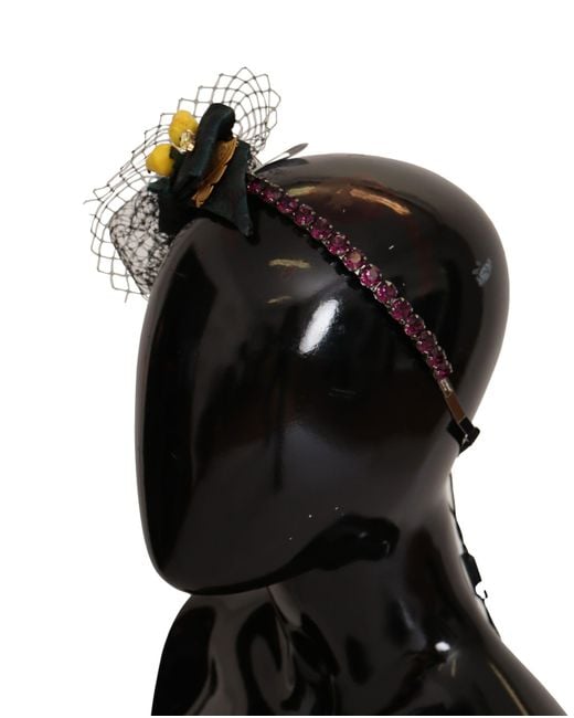Dolce & Gabbana Silver Tiara Crystals Fruits Black Mesh Diadem Headband Silk