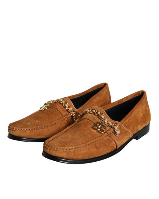 Dolce & Gabbana Brown Velvet Leather Logo Mocassin Slip On Shoes for men