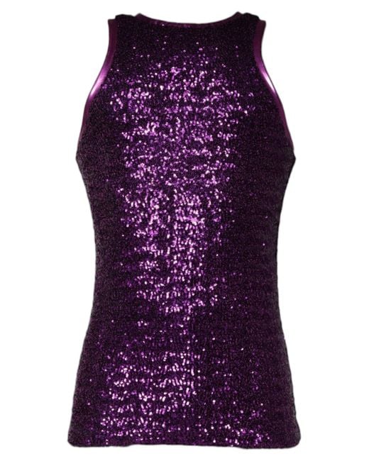 Dolce & Gabbana Purple Sequin Round Neck Sleeveless T-Shirt for men