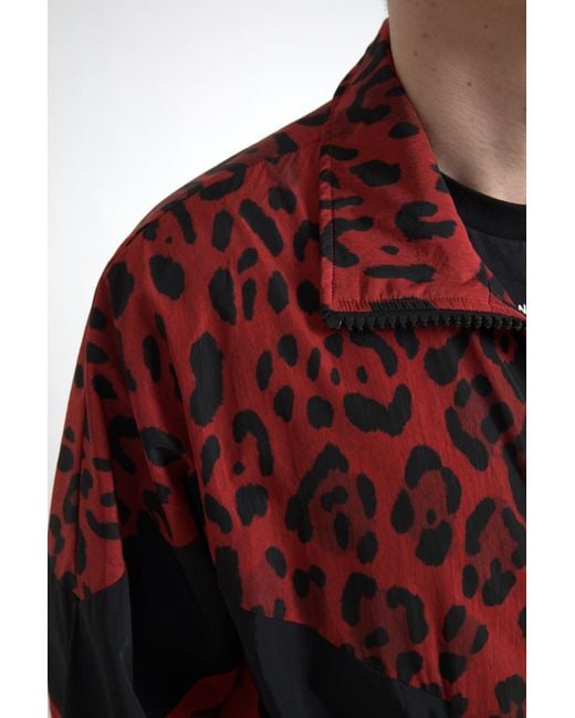 Dolce & Gabbana Red Leopard Nylon Full Zip Sweater for men