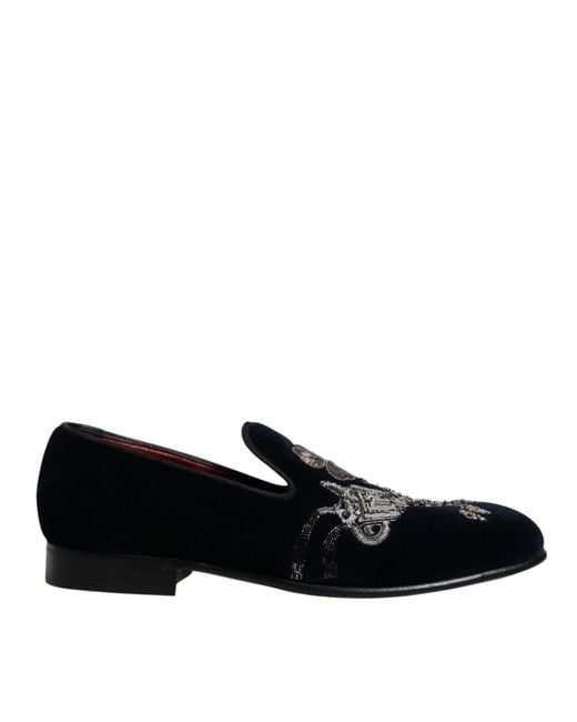 Dolce & Gabbana Black Velvet Floral Gun Loafers Dress Shoes for men