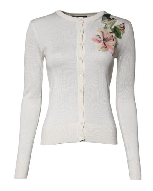 Dolce & Gabbana Gray Floral Silk Embellished Cardigan Sweater