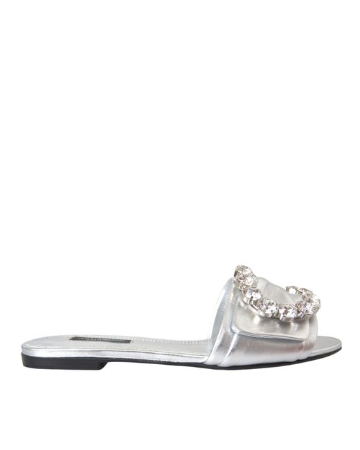 Dolce & Gabbana White Crystal Leather Flats Sandals Shoes