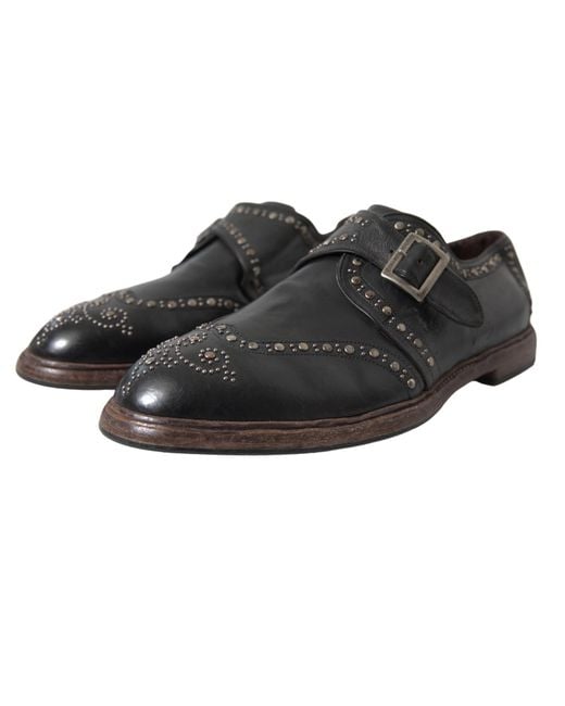 Dolce & Gabbana Black Leather Monk Strap Studded Dress Shoes for men