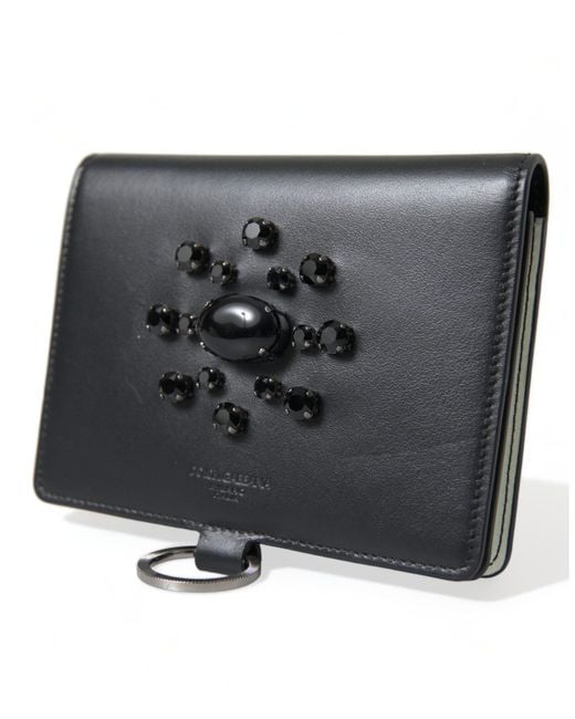 Dolce & Gabbana Black Leather Crystal Embellished Card Holder Wallet