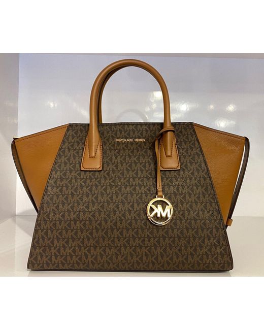 Michael Kors Avril Large Top Zip Leather Signature Satchel Crossbody