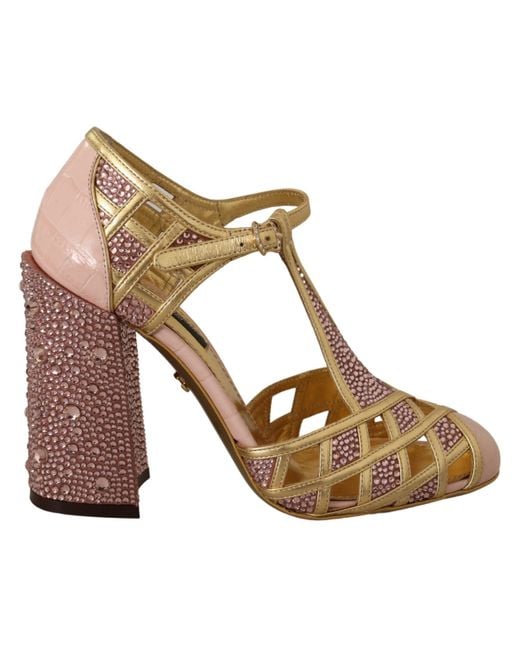 Dolce & Gabbana Brown Leather Crystal Pumps T-Strap Shoes