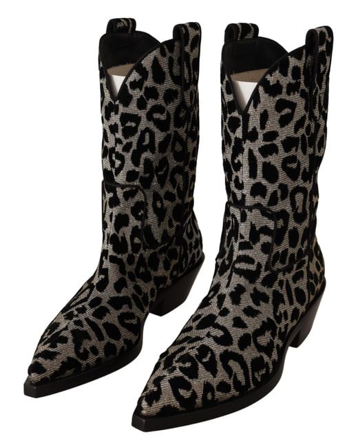 Dolce & Gabbana Black Leopard Cowboy Boots Shoes