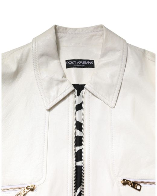 Dolce & Gabbana White Collared Full Zip Biker Coat Jacket for men