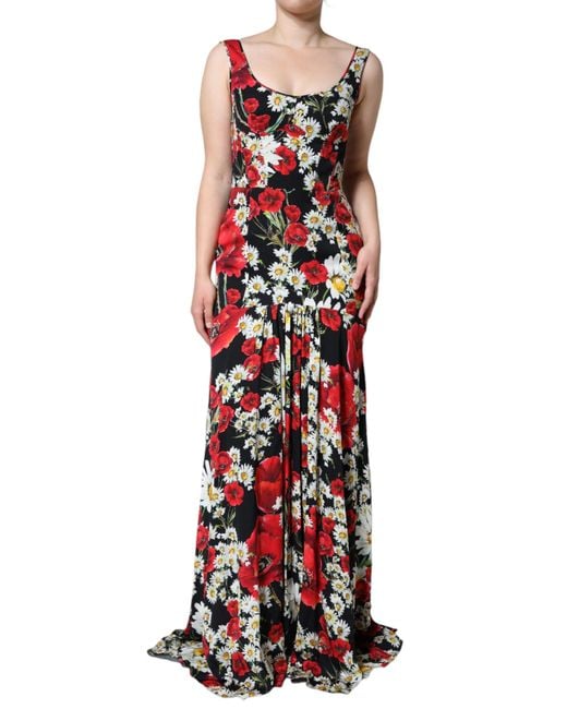 Dolce & Gabbana Red Floral Silk Sleeveless Long Gown Dress