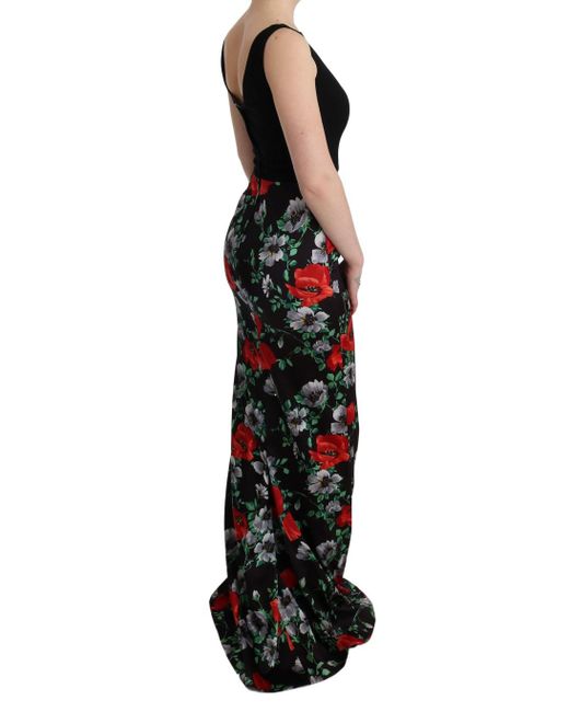 Dolce & Gabbana Black Floral Print Stretch Sheath Long Dress