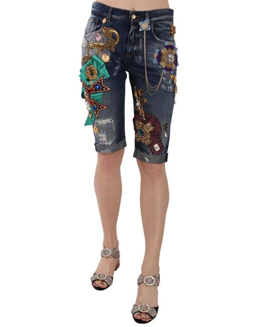 Dolce & Gabbana Black Elegant Knee-Length Embellished Denim Shorts