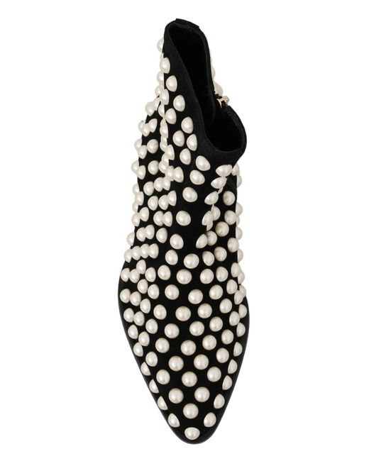 Dolce & Gabbana Black Suede Pearl Studs Boots Shoes