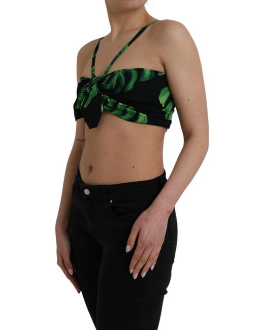 Dolce & Gabbana Green Leaf Silk Halter Cropped Top