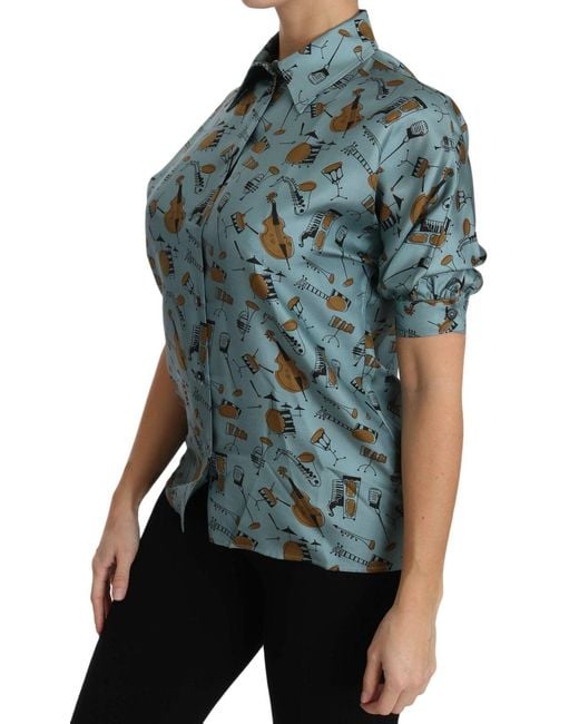 Dolce & Gabbana Blue Musical Instruments Silk Short Sleeve Shirt