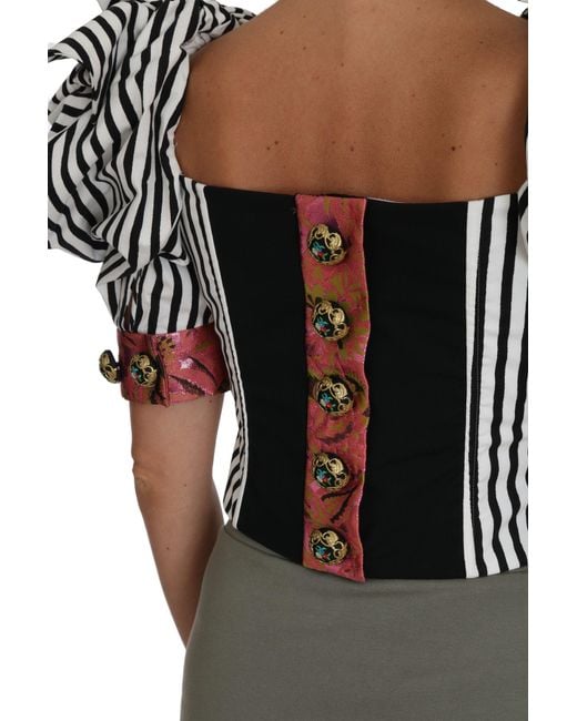 Dolce & Gabbana Dolce Gabbana White Black Striped Cropped Top Puff Sleeve Shirts