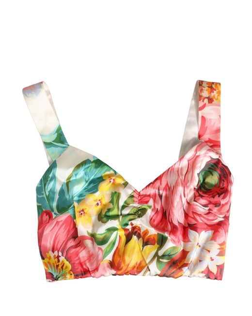 Dolce & Gabbana White Floral Print Silk Cropped Bustier Top Elastane
