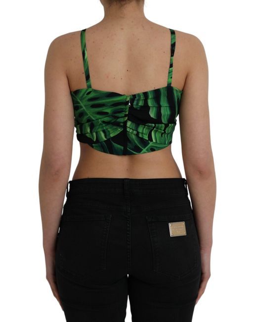 Dolce & Gabbana Green Leaf Silk Halter Cropped Top