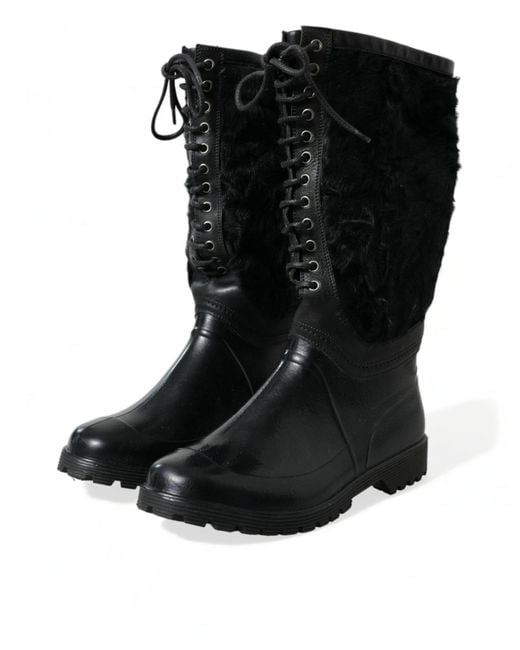 Dolce & Gabbana Black Rubber Lace Up Shearling Rain Boots Shoes for men