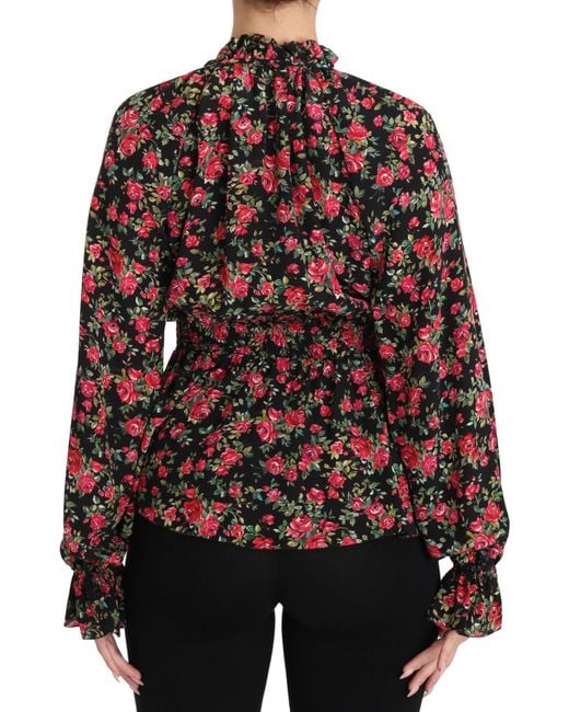 Dolce & Gabbana Black Pussy-bow Ruffled Floral-print Silk-chiffon Blouse