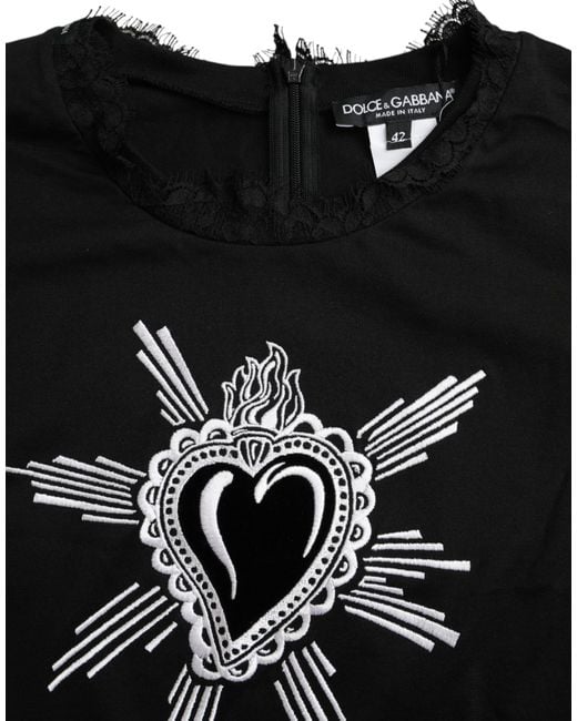Dolce & Gabbana Black Sacred Heart Print Cotton Lace T-Shirt