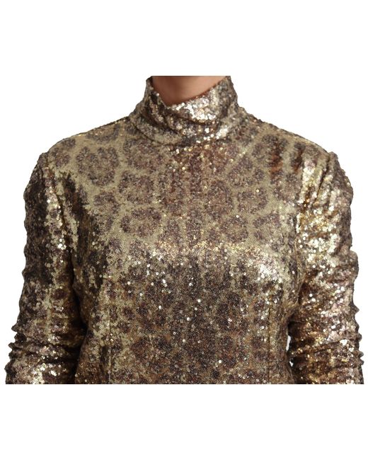 Dolce & Gabbana Brown Leopard Fit Turtleneck Sequin Sweater Polyester Clothing