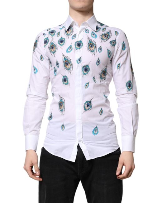 Dolce & Gabbana White Cotton Feather Print Dress Shirt for men