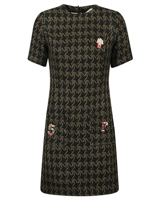 5 PROGRESS Black Houndstooth Wool Blend Short Dress