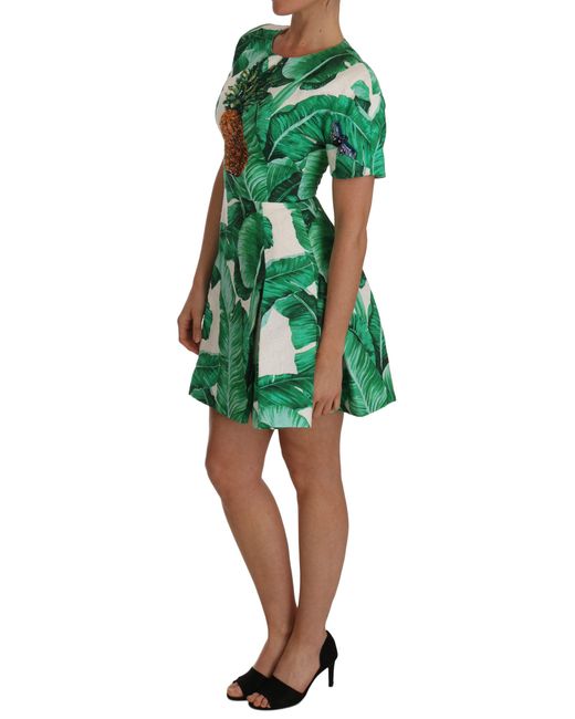 Dolce & Gabbana Green A-Line Banana Leaf Pineapple Crystal Dress