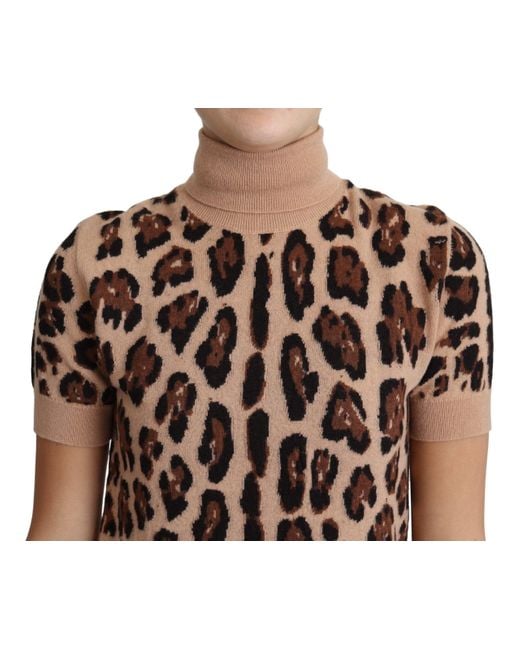 Dolce & Gabbana Brown Leopard Print Virgin Wool Turtleneck Top