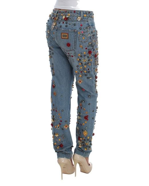 Dolce & Gabbana Blue Crystal Roses Heart Embellished Jeans