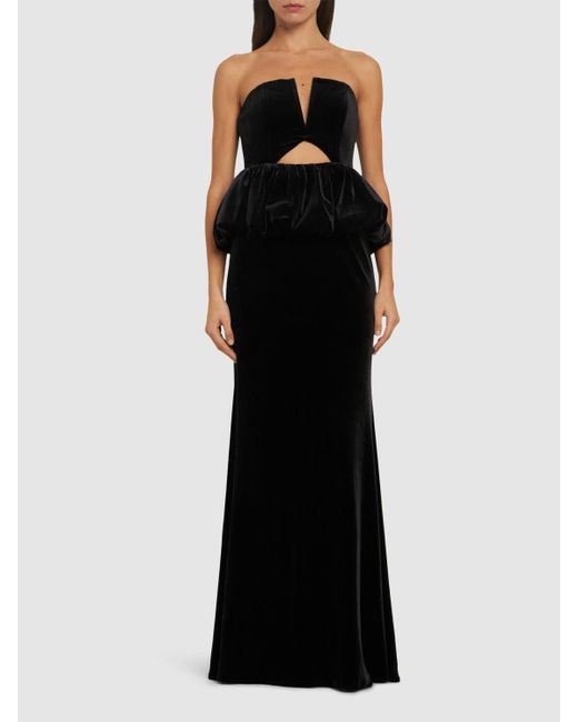 Self-Portrait Black Strapless Velvet Peplum Maxi Dress