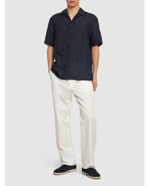 Brioni Blue Short Sleeve Linen Shirt for men
