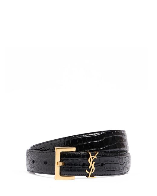 Saint Laurent Ysl Croc Embossed Leather Belt in White for