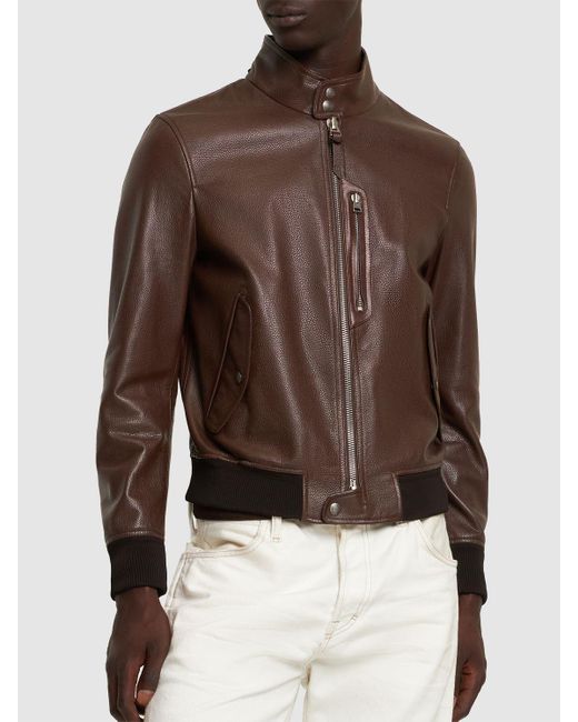 Tom Ford Brown High-neck Zip-up Jacket In Leather Man for men