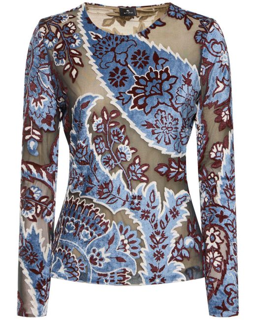 Etro Blue Langärmeliges Oberteil Aus Devoré