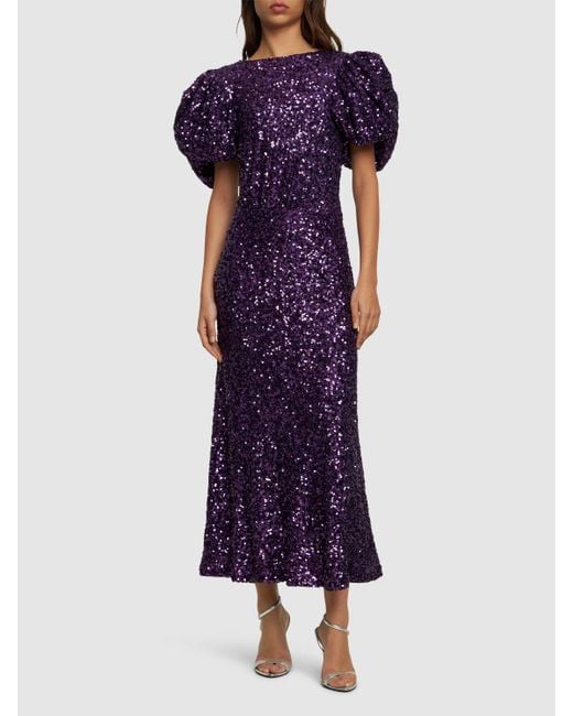 ROTATE BIRGER CHRISTENSEN Purple Puffed-sleeve Open-back Sequin Embellished Recycled-polyester Midi Dress